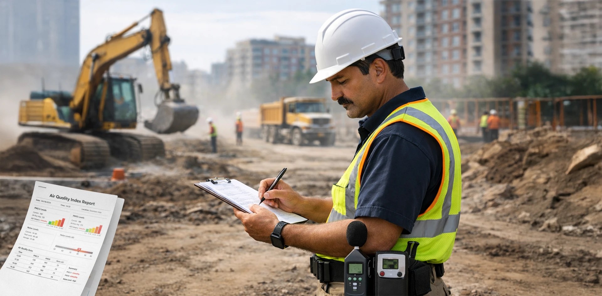 Site engineer reviewing air quality index report at a construction site in India highlighting Real-Time Air Quality Monitoring for Construction Sites in India.