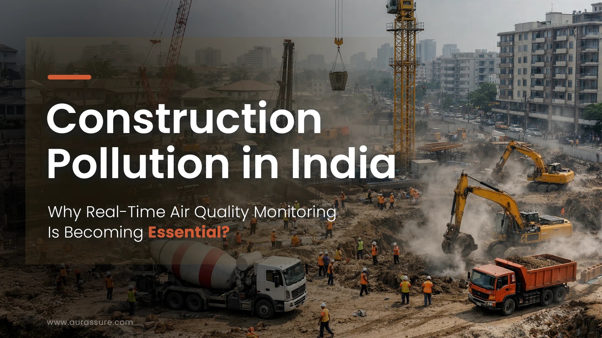 Real-Time Air Quality Monitoring for Construction Sites in India showing heavy machinery, dust emissions, and urban residential surroundings.