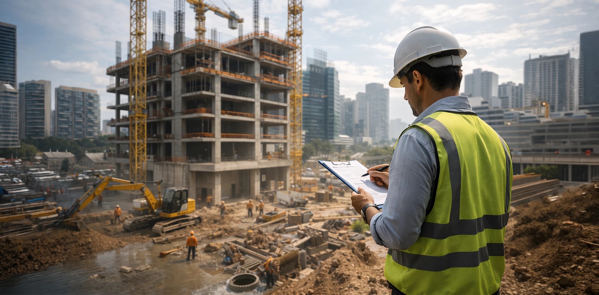 Environmental intelligence in real estate showing a construction engineer monitoring a high rise building project in an urban city environment.