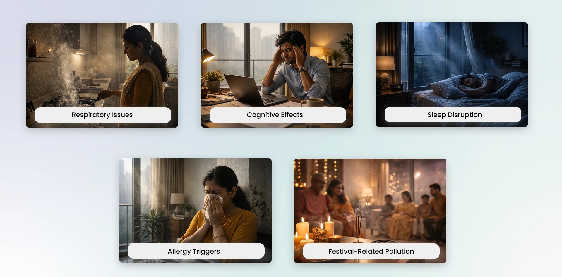 A series of images illustrating the health effects of indoor air pollution, including respiratory issues, cognitive effects, sleep disruption, allergy triggers, and festival-related pollution.