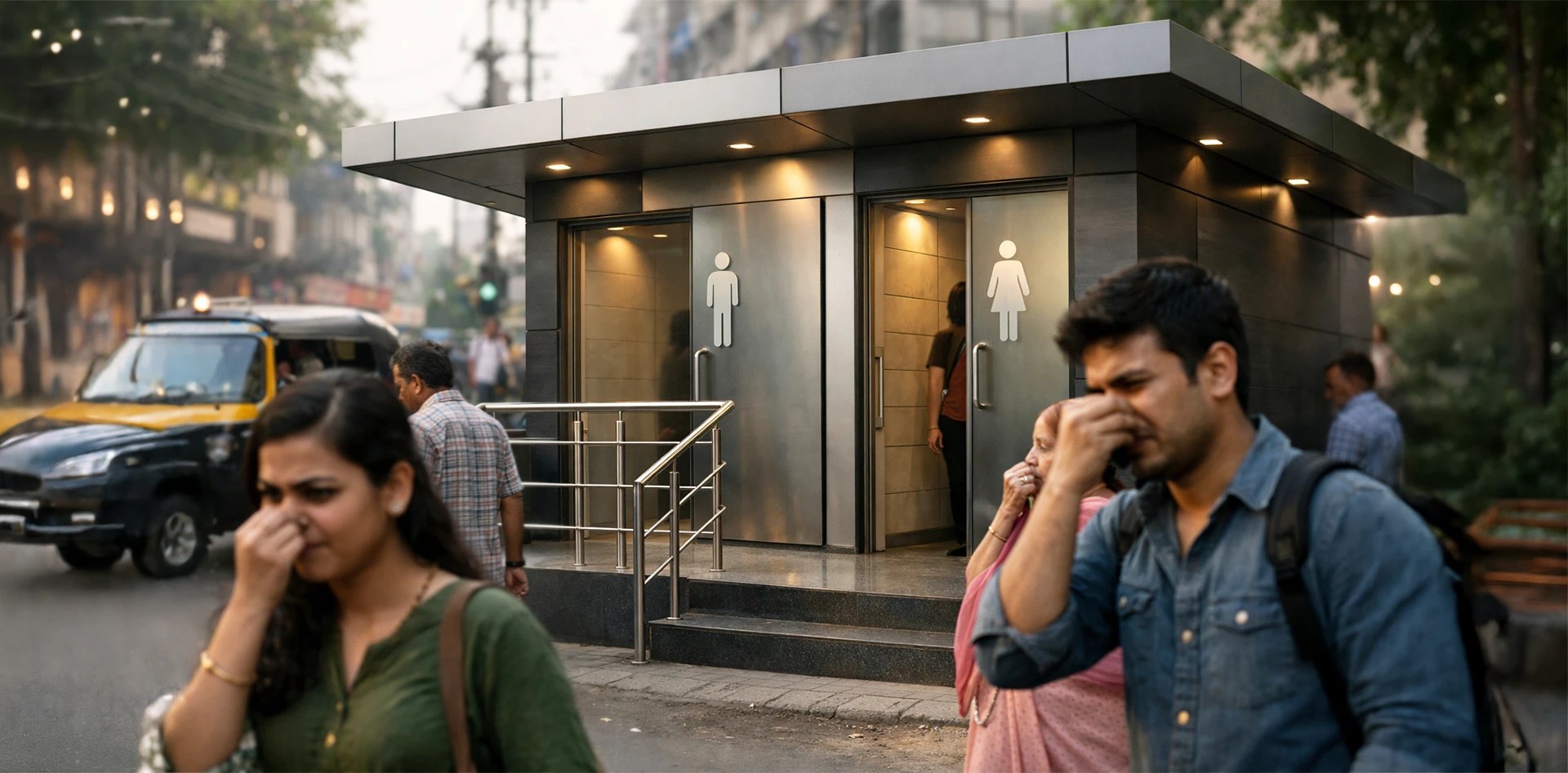 Odour Monitoring in Public Toilets highlighting poor sanitation conditions with people reacting to foul smell outside a public toilet