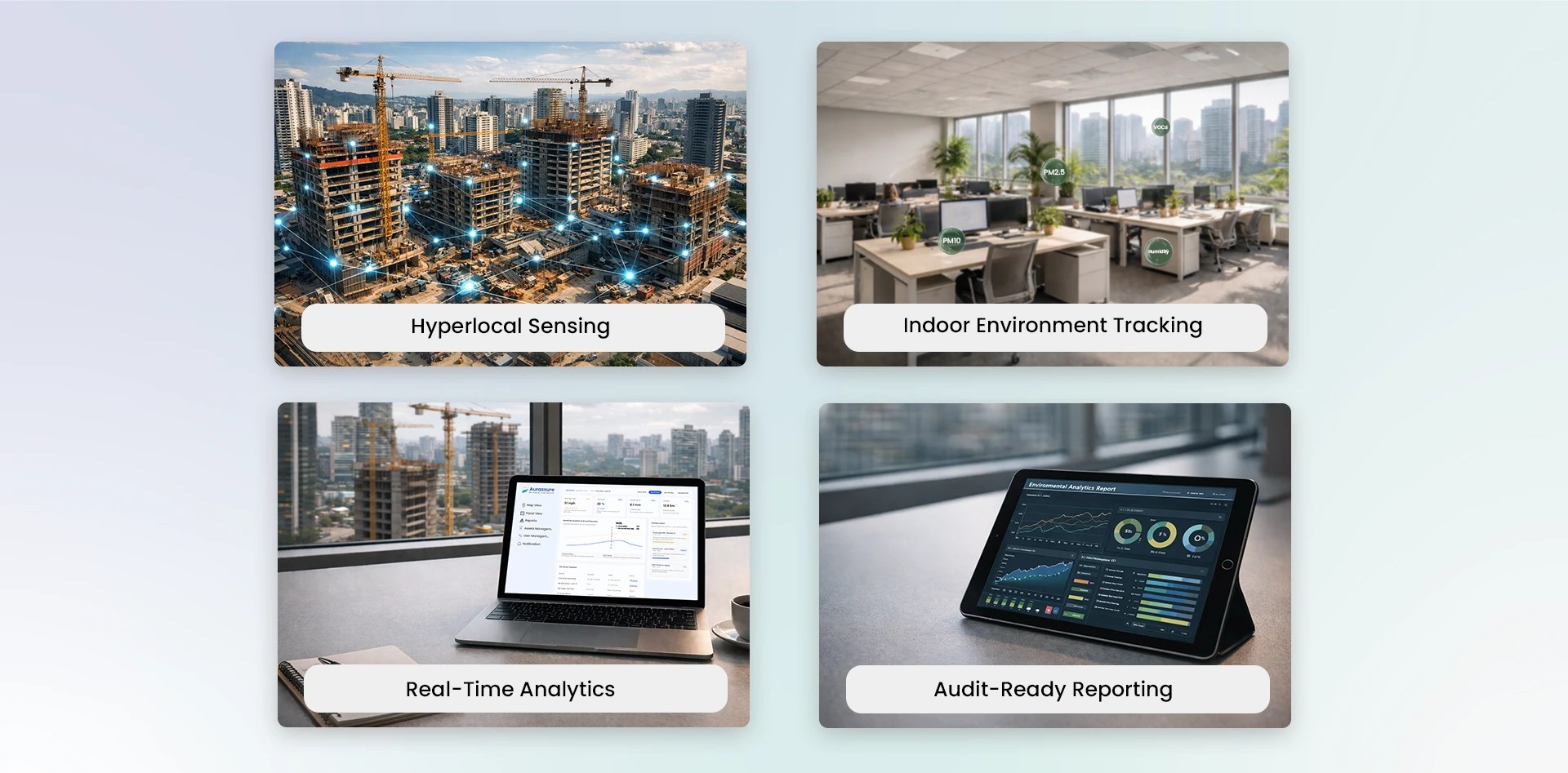 Environmental intelligence in real estate showing hyperlocal sensing, indoor environment monitoring, real time analytics, and ESG reporting for smart buildings.