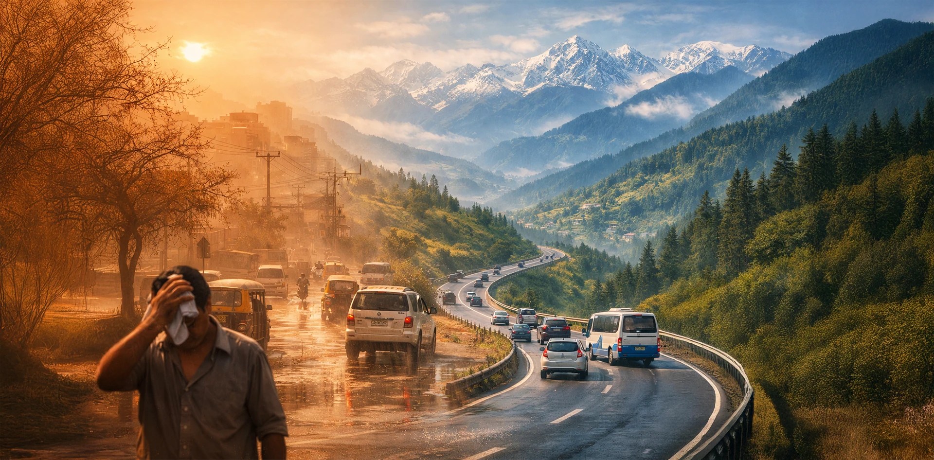 Are India’s Hill Stations Still Clean? Traffic congestion and haze along a mountain highway in the Himalayas highlight rising air pollution concerns in popular hill stations.