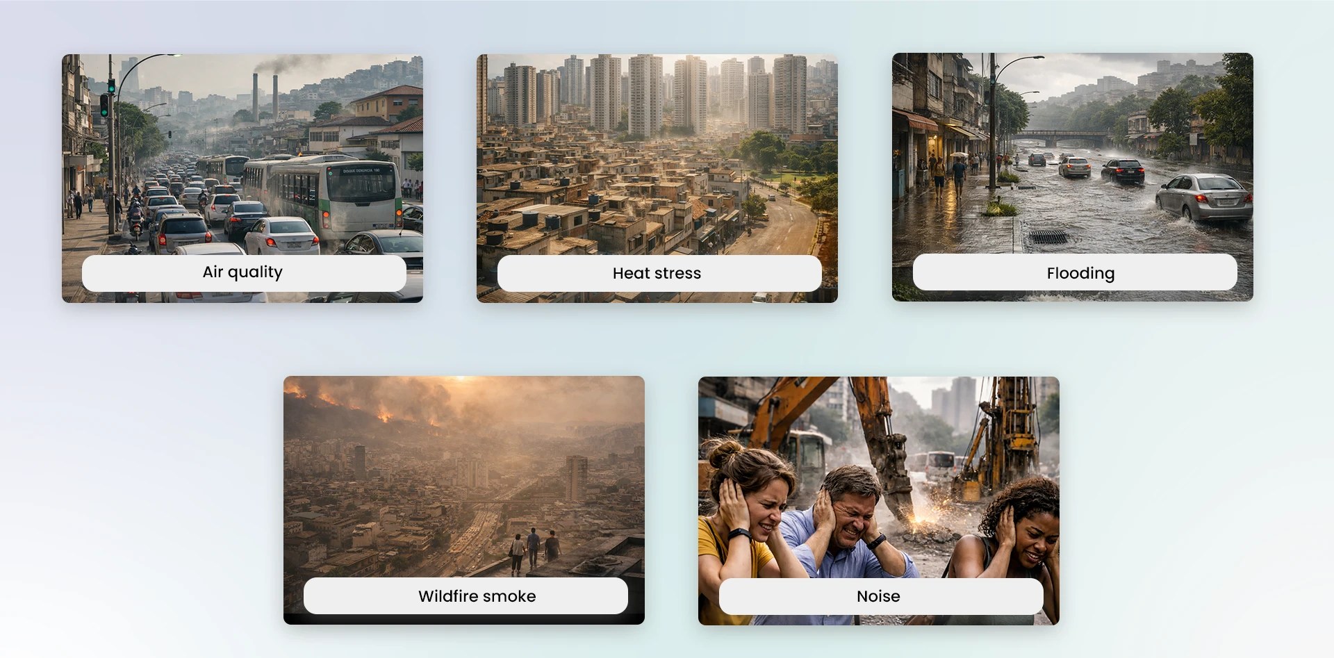 Environmental risks in Brazilian cities including air pollution, urban heat stress, flooding, wildfire smoke, and noise exposure affecting urban populations.