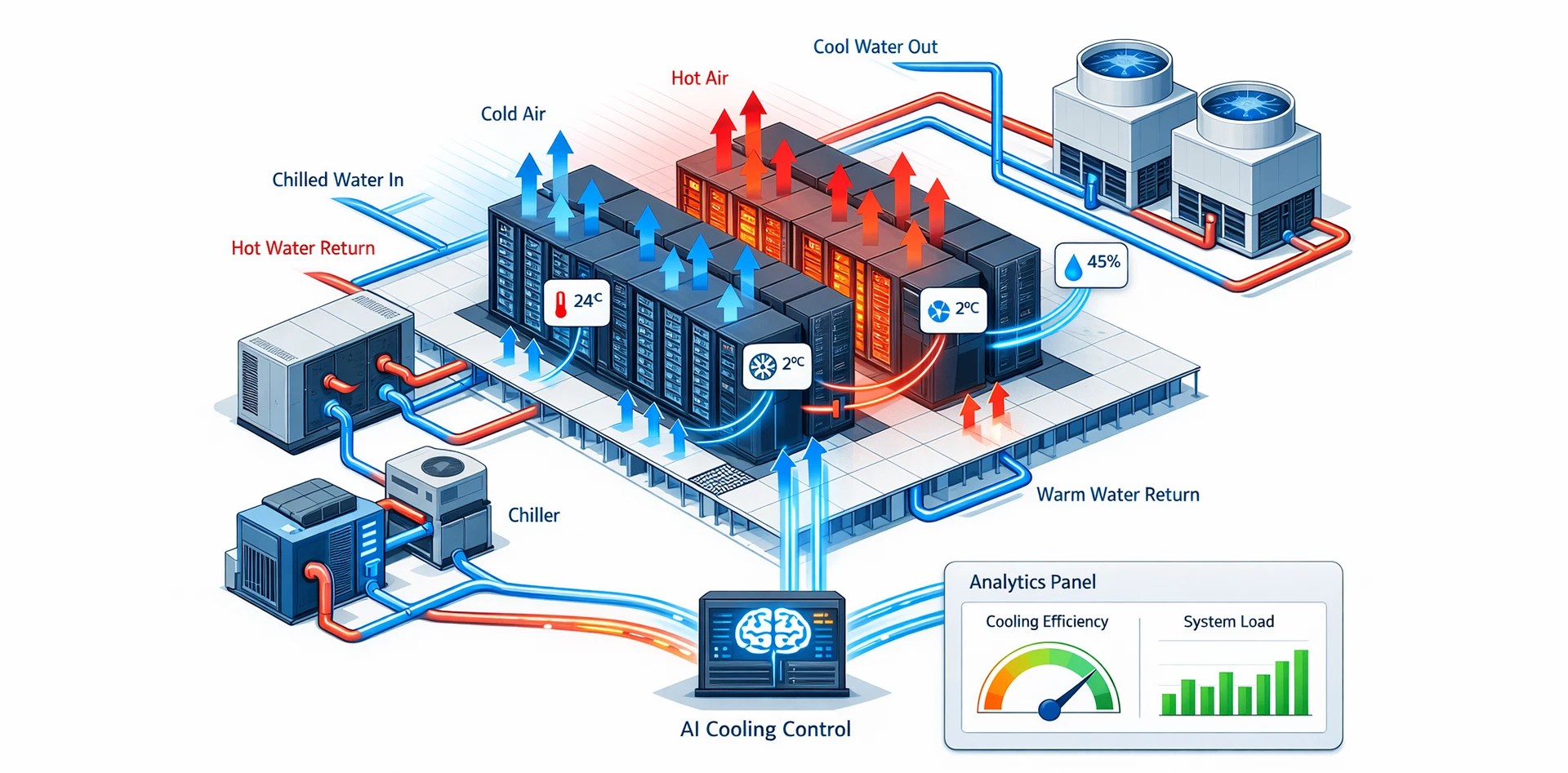 Environmental Intelligence in Data Centers showing cooling system airflow, chilled water circulation, and AI driven temperature control