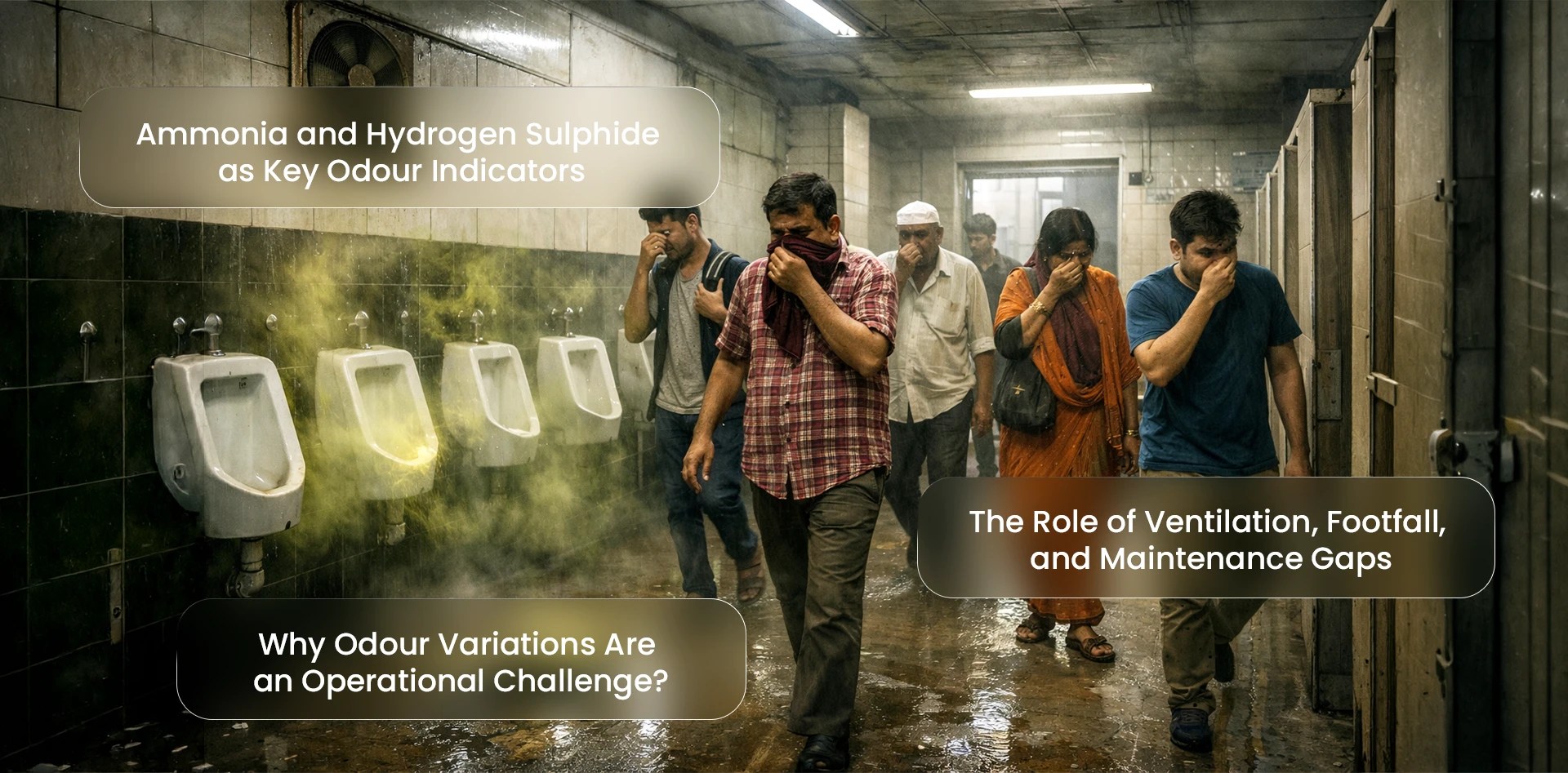 Odour Monitoring in Public Toilets showing ammonia and hydrogen sulphide buildup causing discomfort due to poor ventilation and maintenance