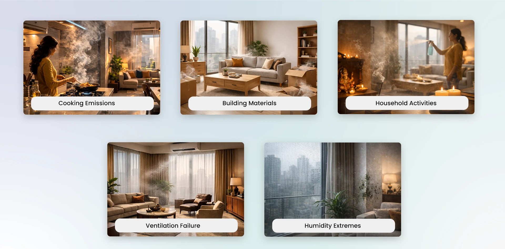 A series of images highlighting common sources of indoor air pollution, including cooking emissions, building materials, household activities, ventilation failure, and humidity extremes.
