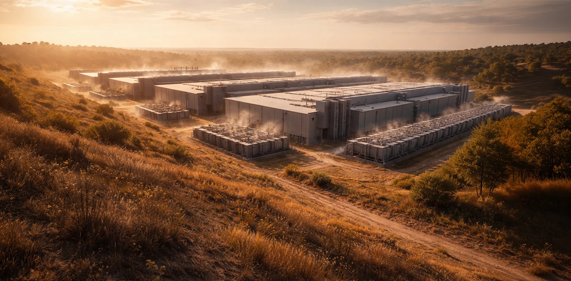 Environmental Intelligence in Data Centers showing large scale data center facility with cooling infrastructure and outdoor environmental conditions
