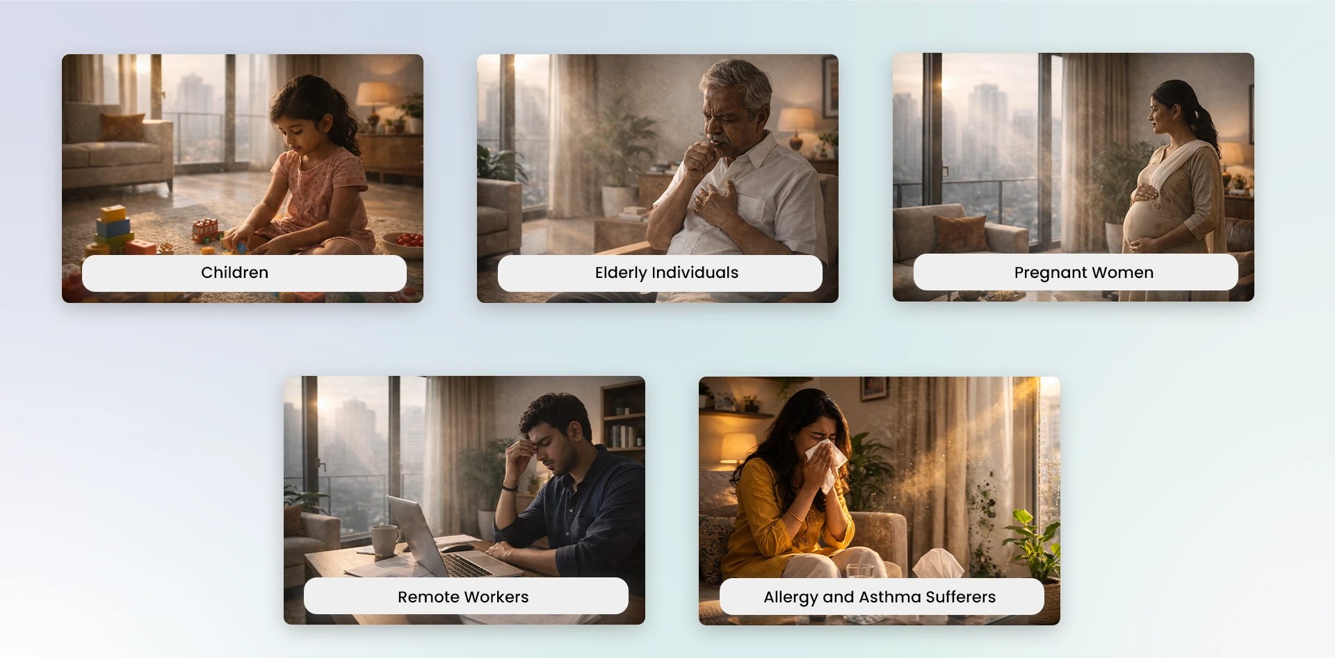 A series of images showing vulnerable groups affected by indoor air pollution, including children, elderly individuals, pregnant women, remote workers, and allergy/asthma sufferers.