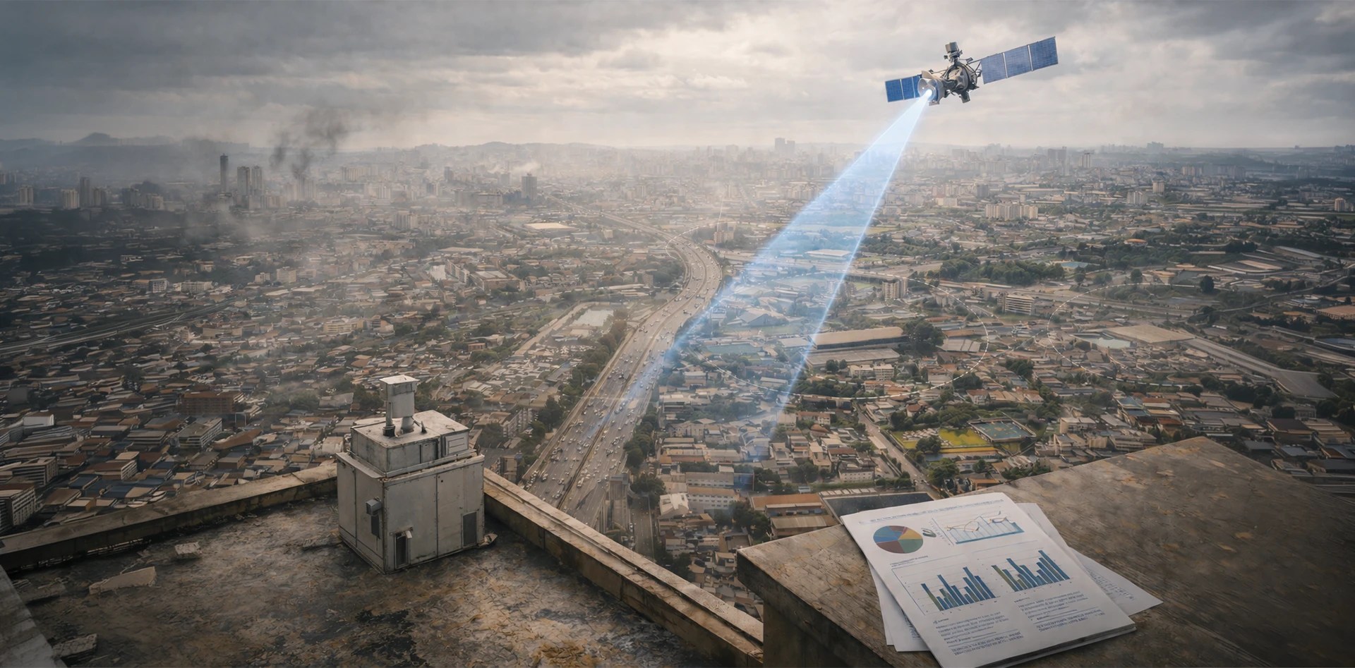 Satellite monitoring environmental conditions over a Brazilian city showing the limits of regional data compared to hyperlocal environmental intelligence.