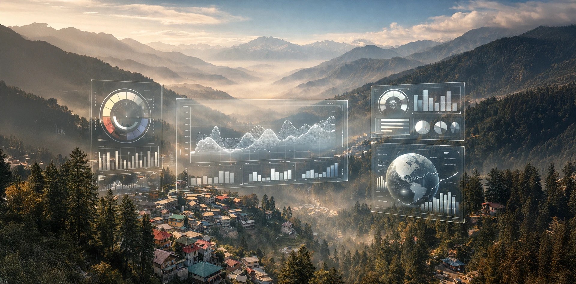 Are India’s Hill Stations Still Clean? Data dashboards visualizing air quality and environmental analytics over a Himalayan hill station landscape.