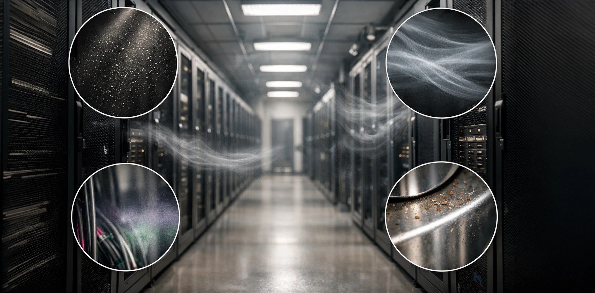 Environmental Intelligence in Data Centers showing particulate contamination, airflow patterns, and air quality risks inside server rooms