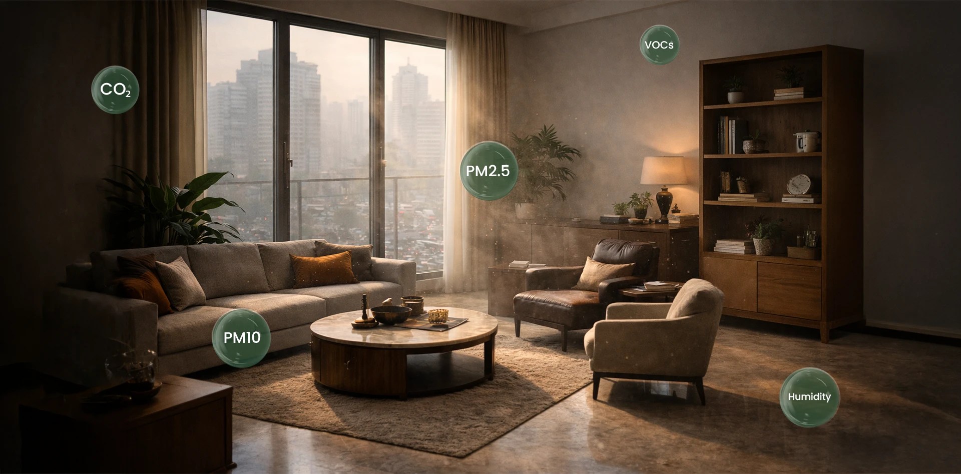 A cozy living room with an indoor air quality focus, displaying common pollutants like CO2, PM2.5, PM10, VOCs, and humidity levels in a home environment.