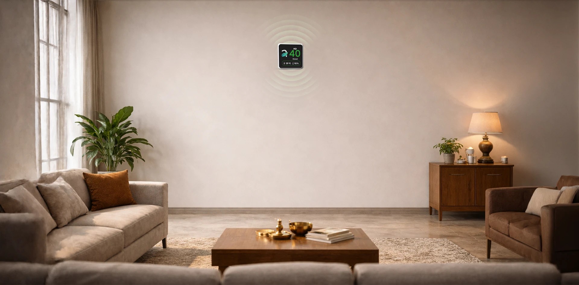 A cozy living room with a wall-mounted indoor air quality monitor displaying an AQI of 40, indicating good air quality.