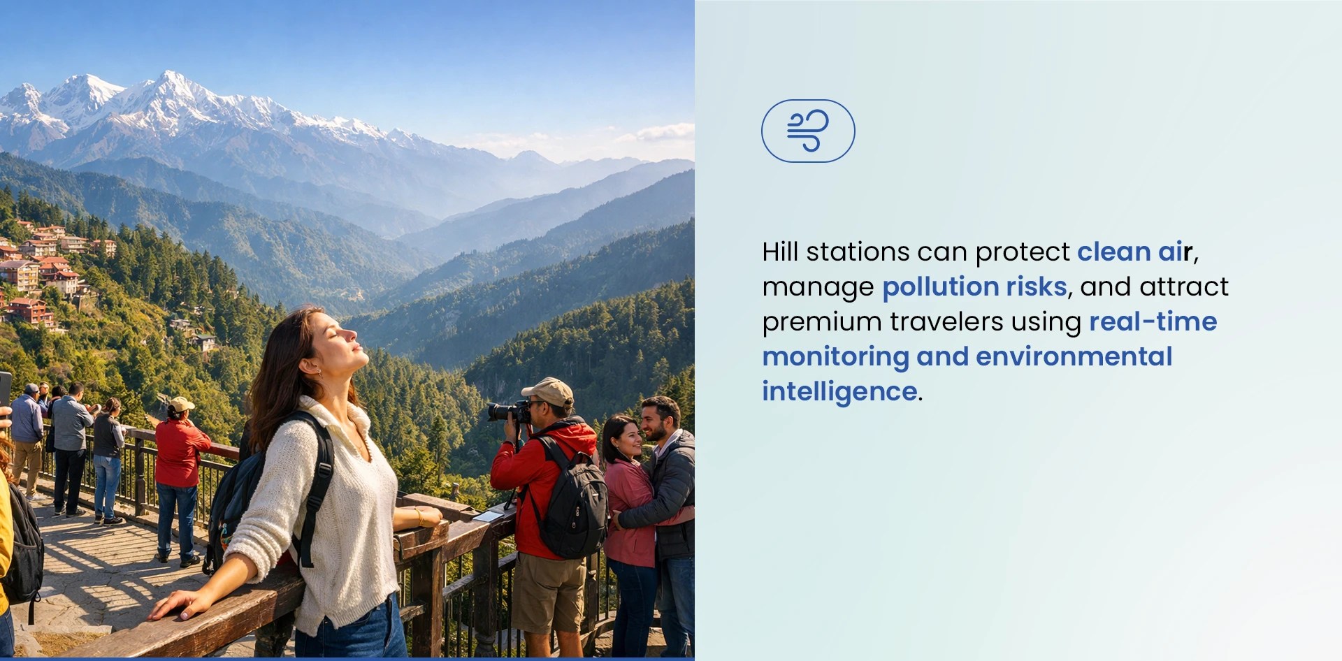Are India’s Hill Stations Still Clean? Tourists enjoying fresh mountain air at a Himalayan hill station viewpoint highlighting the value of clean air tourism.