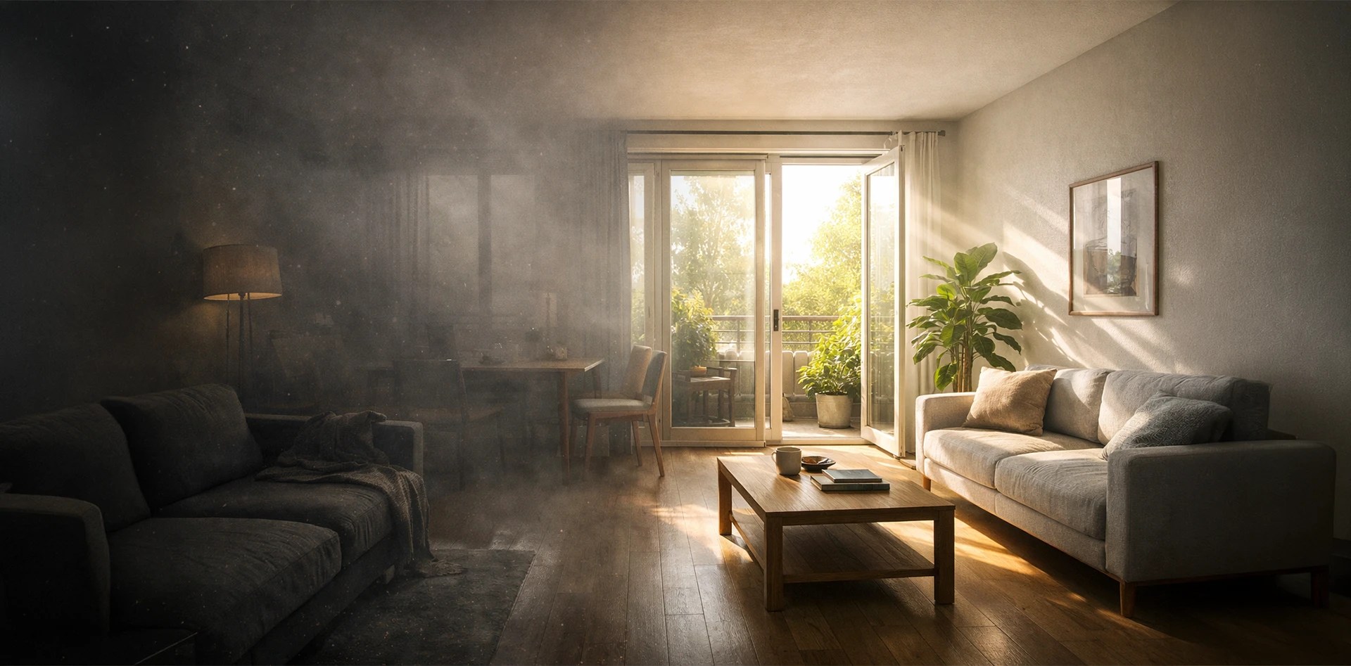 A living room with poor indoor air quality, showing dust particles in the air and a bright outdoor view through the balcony.