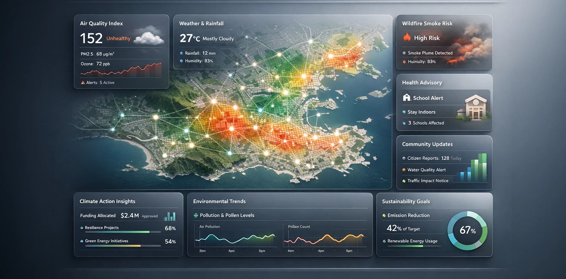 Hyperlocal environmental intelligence dashboard displaying air quality index, weather data, wildfire smoke risk, and pollution hotspots across a Brazilian city.
