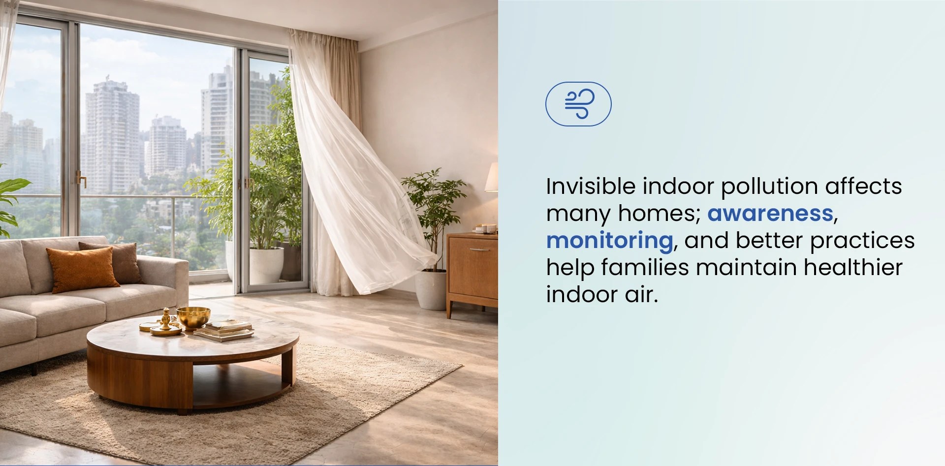 A modern living room with sunlight coming through the open balcony doors, illustrating the importance of awareness and monitoring to address indoor air pollution.