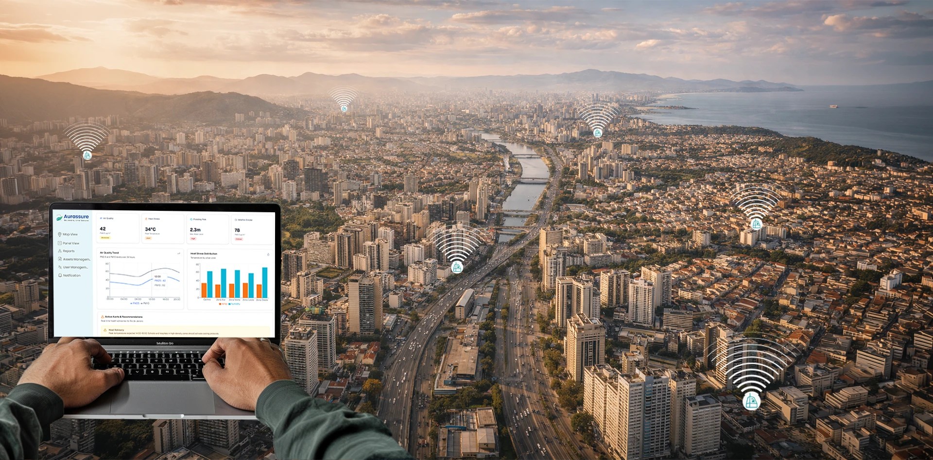Hyperlocal environmental intelligence network across a Brazilian city showing connected air quality and climate monitoring sensors with a real time dashboard.