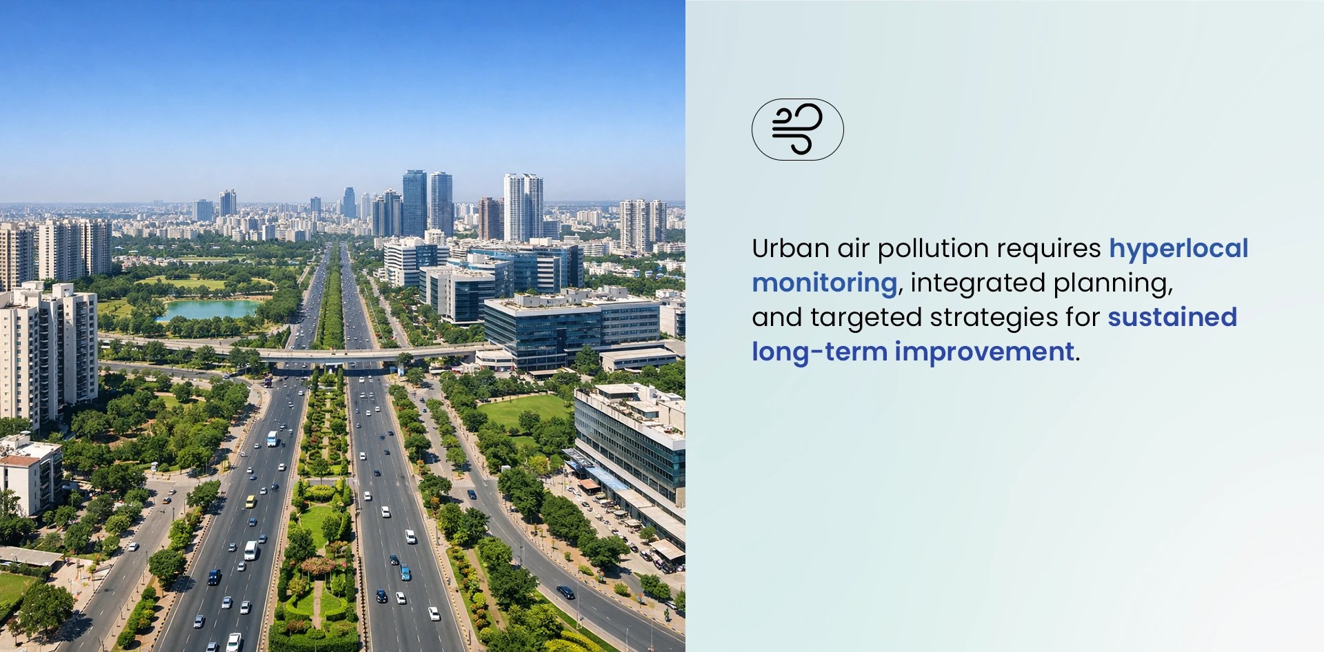 Clean modern city skyline with wide transport corridor illustrating solutions for addressing the Top 10 Sources of Urban Air Pollution