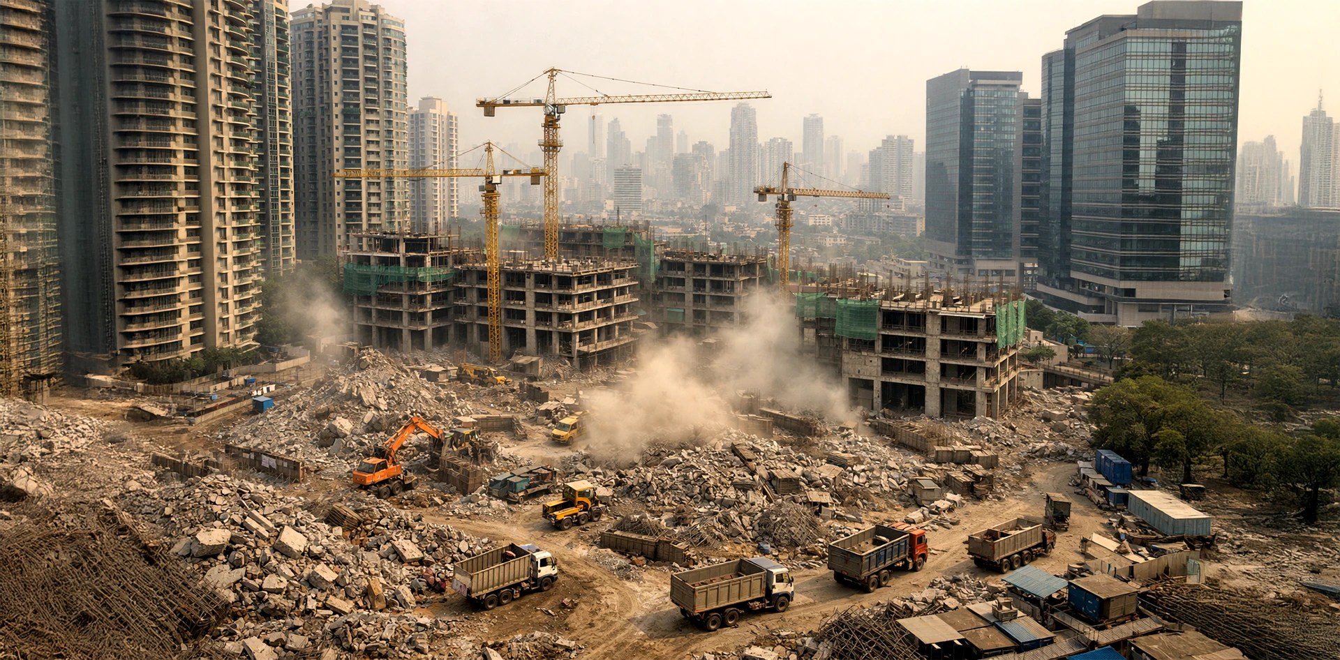 Large urban construction and demolition site generating dust and debris, representing one of the Top 10 Sources of Urban Air Pollution