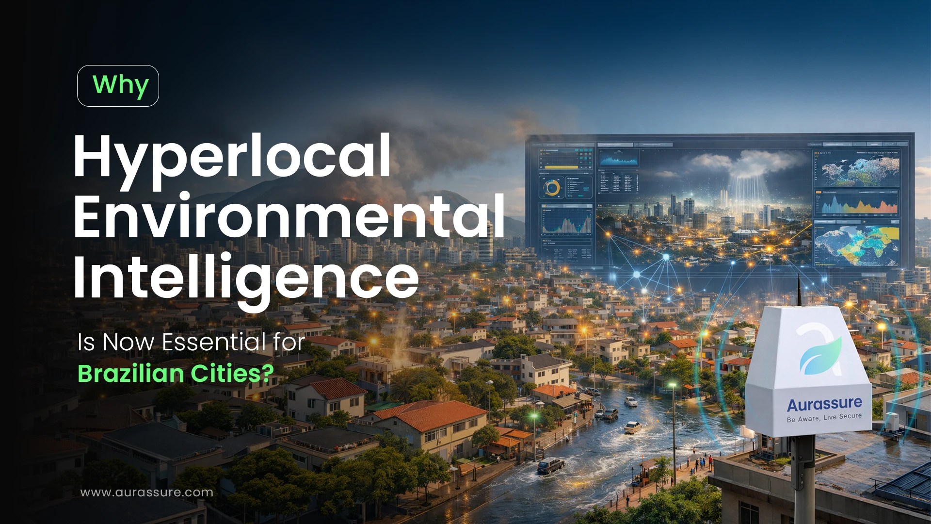Hyperlocal environmental intelligence for Brazilian cities showing Aurassure air quality sensor and real time environmental monitoring dashboard across an urban neighbourhood.