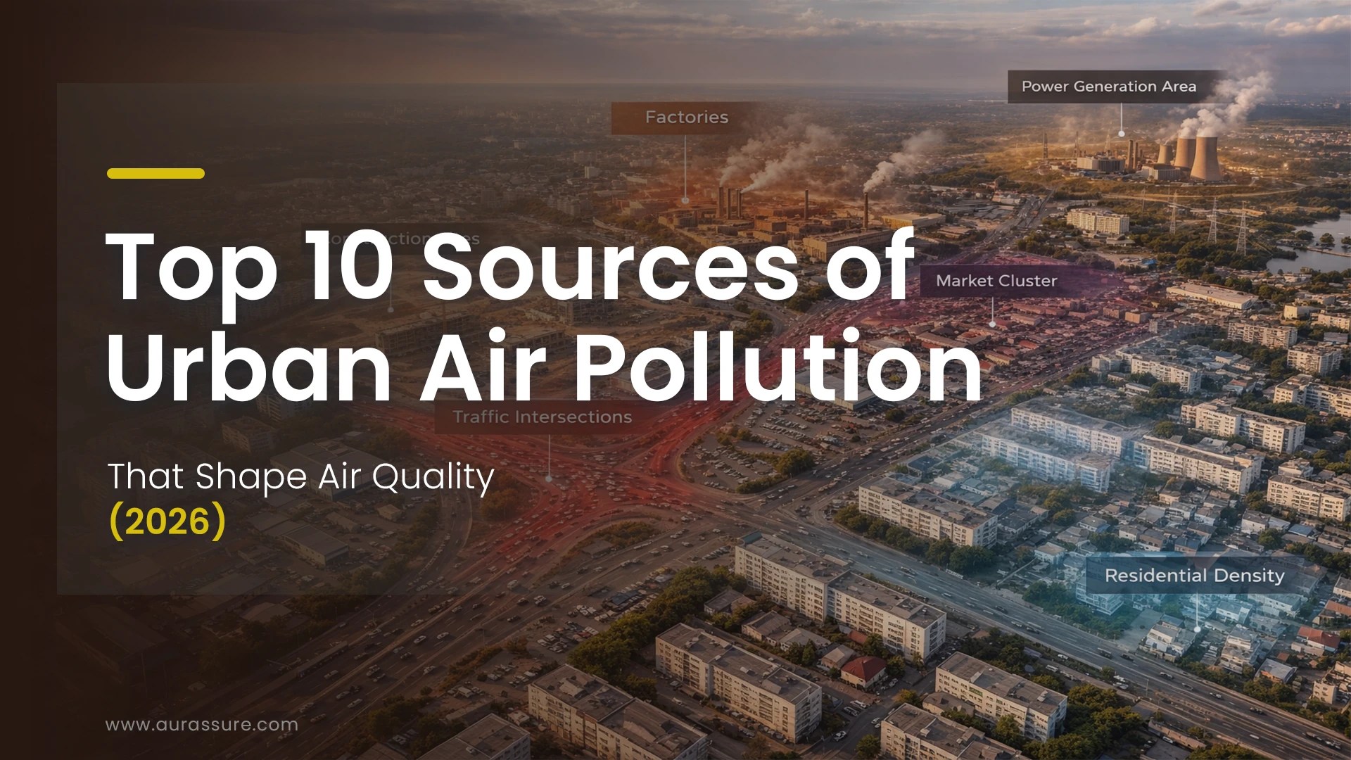 Top 10 Sources of Urban Air Pollution illustrated in a cityscape showing factories, power plants, traffic intersections, commercial clusters, and residential density