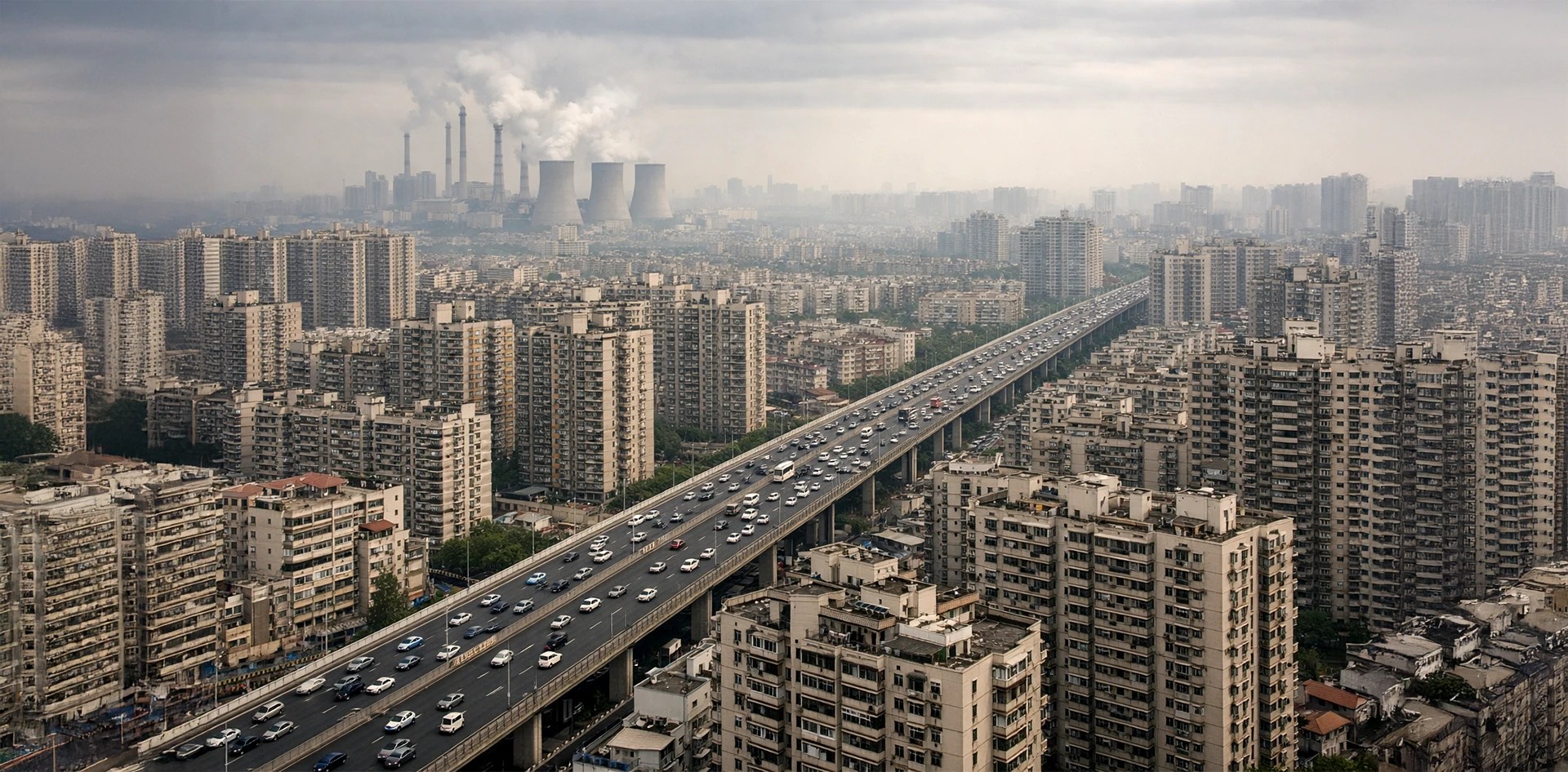 Thermal power plant with cooling towers emitting smoke near a dense city skyline, representing one of the Top 10 Sources of Urban Air Pollution