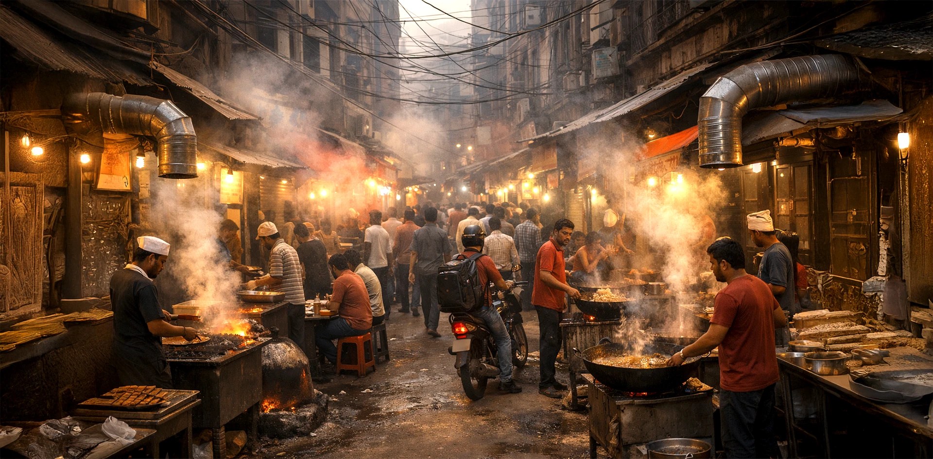 Street food vendors and commercial kitchens emitting smoke in a crowded market area, representing one of the Top 10 Sources of Urban Air Pollution