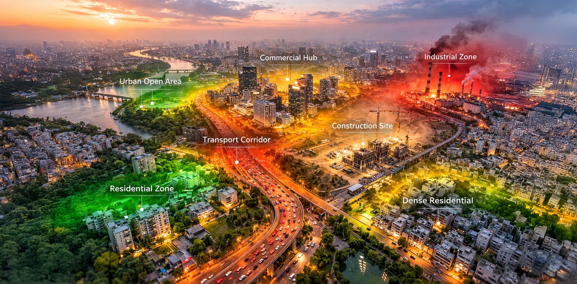 Aerial cityscape highlighting transport corridors, industrial zones, construction sites, commercial hubs, and residential areas representing the Top 10 Sources of Urban Air Pollution