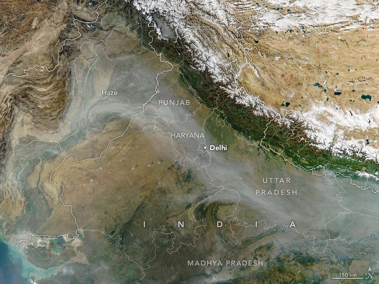 Satellite map of North India showing haze over Delhi and surrounding states illustrating regional impact on the Top 10 Sources of Urban Air Pollution