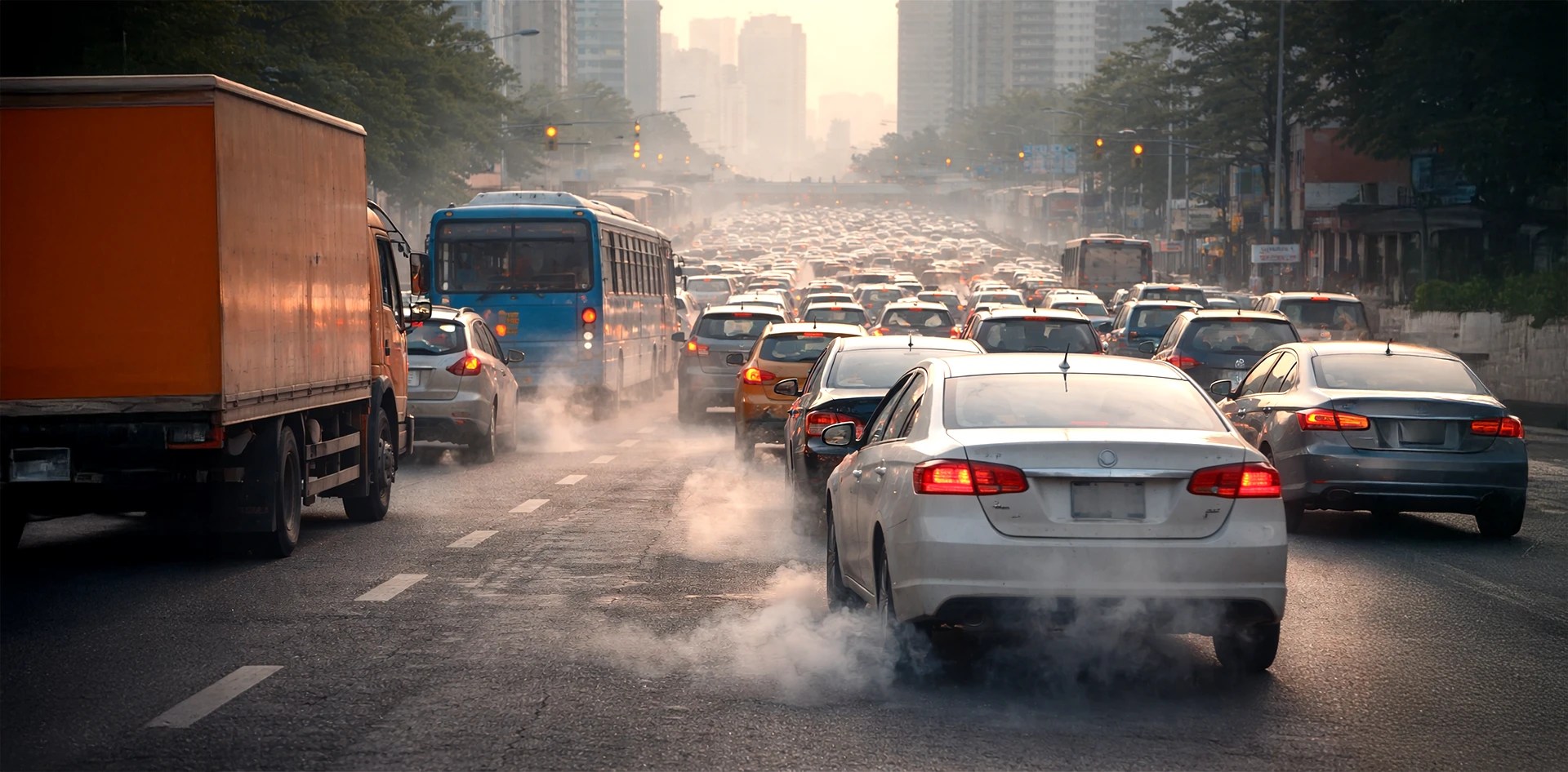 Heavy traffic congestion with visible vehicle exhaust emissions illustrating transportation as one of the Top 10 Sources of Urban Air Pollution