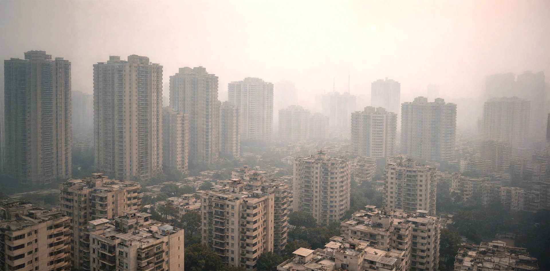 High density urban skyline covered in smog illustrating exposure from the Top 10 Sources of Urban Air Pollution