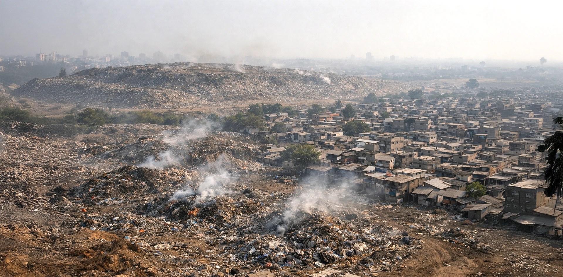 Open landfill site with burning waste near residential settlements illustrating one of the Top 10 Sources of Urban Air Pollution