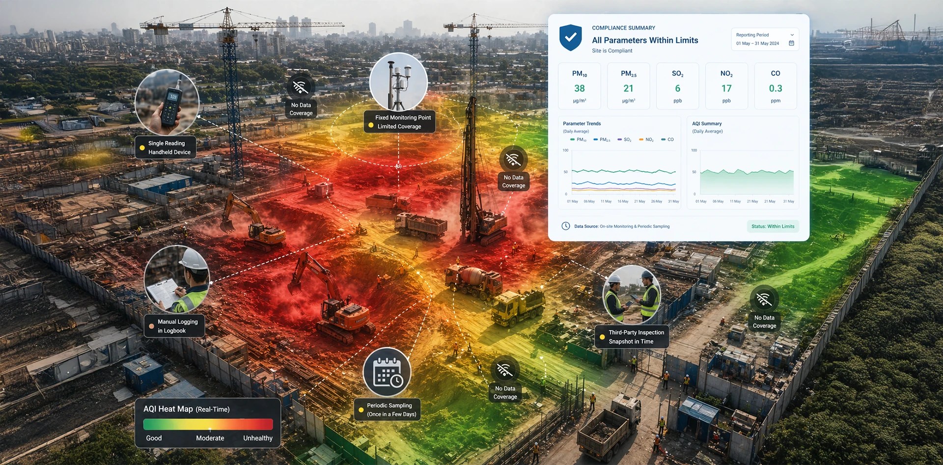 SPCB compliance reporting at a construction site using real-time AQI monitoring heatmap showing pollution zones, data gaps, and automated environmental compliance dashboard