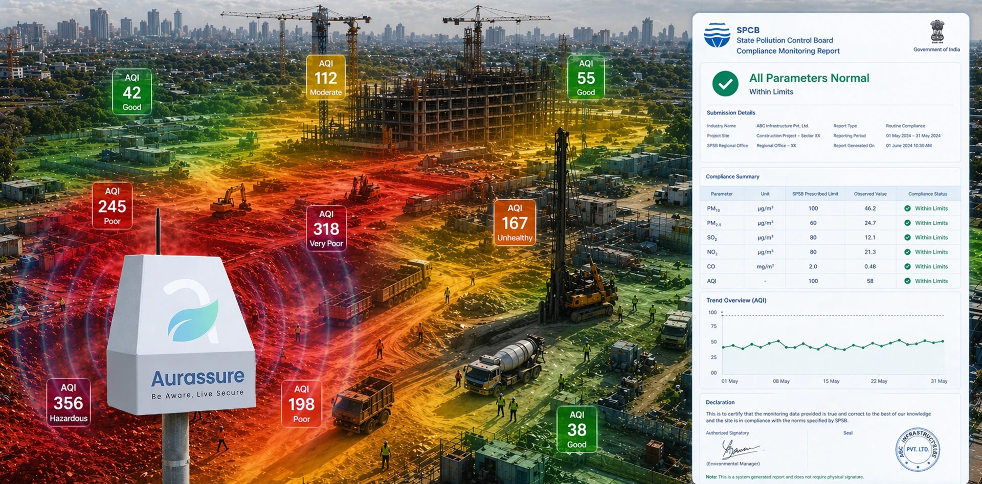 SPCB compliance reporting using real-time AQI monitoring at construction site with sensor device, pollution heatmap zones, and automated compliance report dashboard