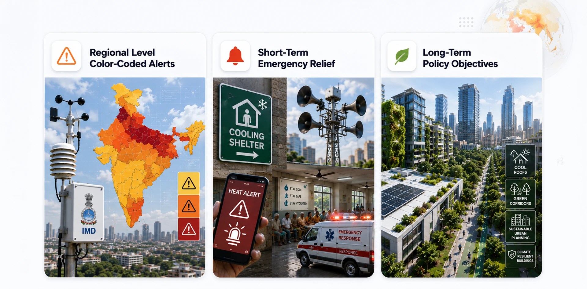 Illustration showing the core methodologies of Heat Action Plans in India, including regional level color-coded heat alerts, short-term emergency heat relief measures, and long-term climate-resilient urban planning strategies for sustainable cities.