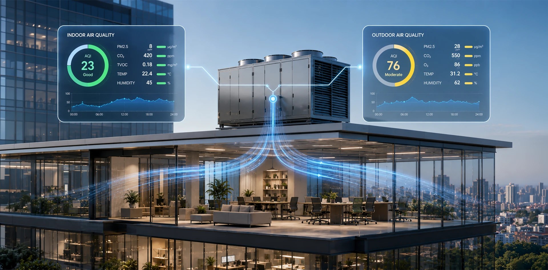Indoor air quality management system integrating outdoor air quality intelligence with HVAC ventilation control in a modern smart commercial building.