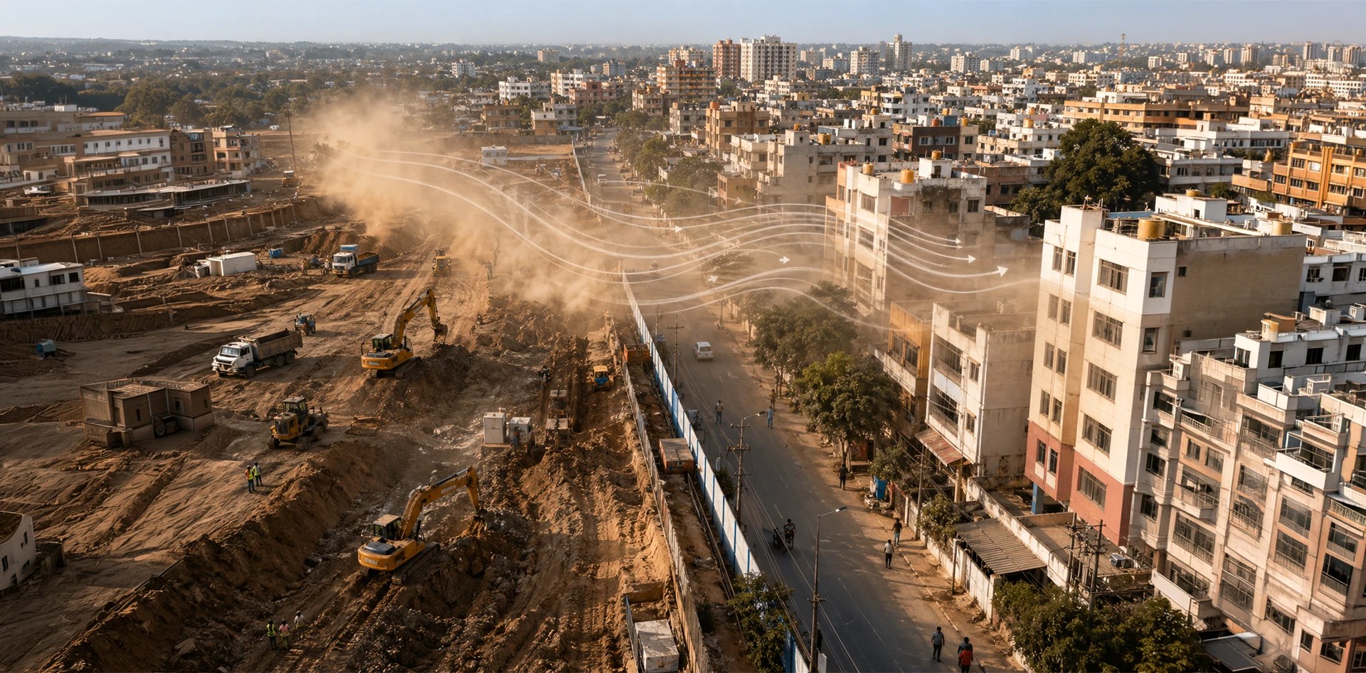 Construction dust control strategies showing wind-driven dust dispersion from an urban construction site toward nearby buildings and roads.