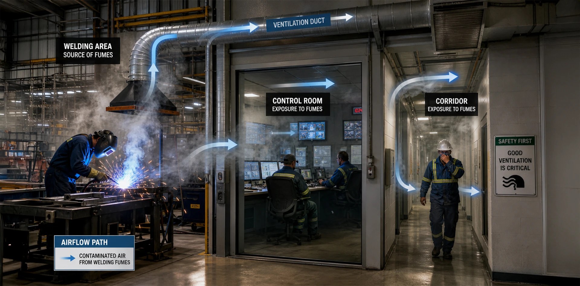 Indoor air quality monitoring in industrial facilities showing welding fumes spreading to control room and corridors via ventilation ducts.