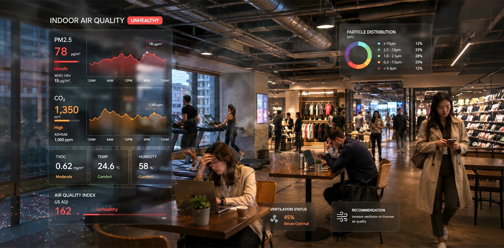 Best Indoor Air Quality Monitor dashboard showing unhealthy indoor air quality in a commercial indoor space with high PM2.5, elevated CO₂ levels, TVOC readings, AQI alerts, and ventilation recommendations in a shopping mall and gym environment.