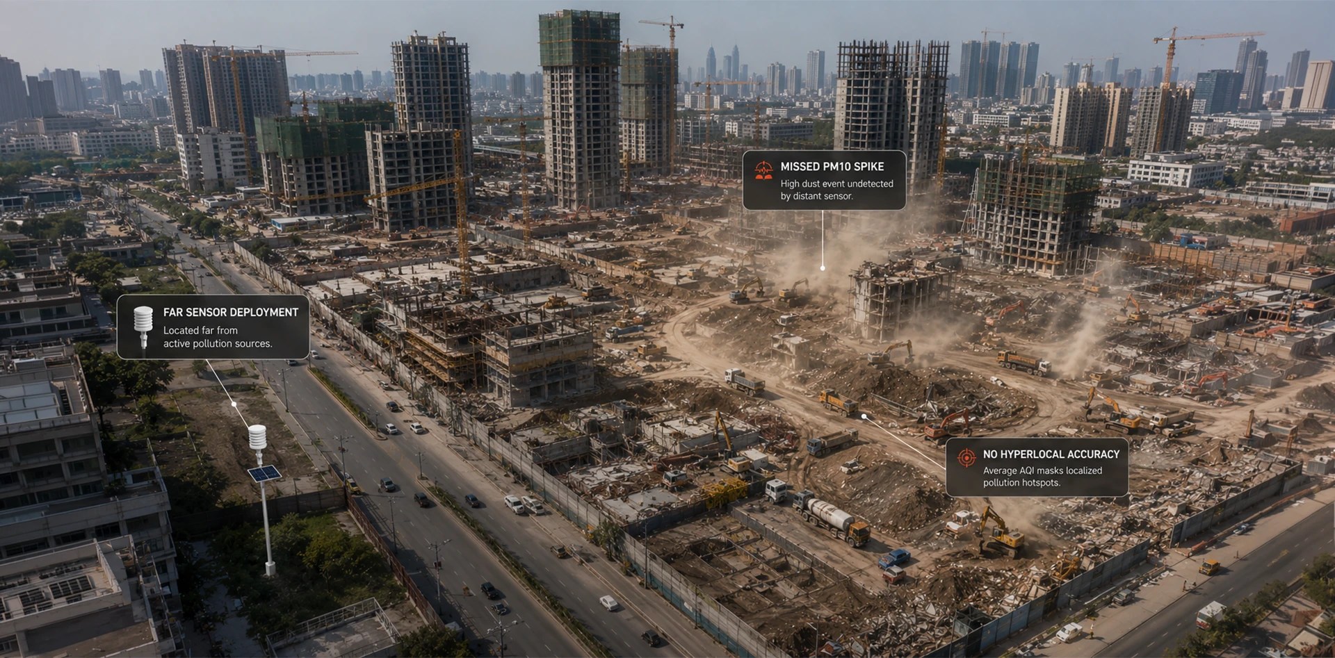 Construction Air Quality Monitoring across a large urban construction site showing missed PM10 spikes, distant sensor limitations, and lack of hyperlocal pollution tracking.