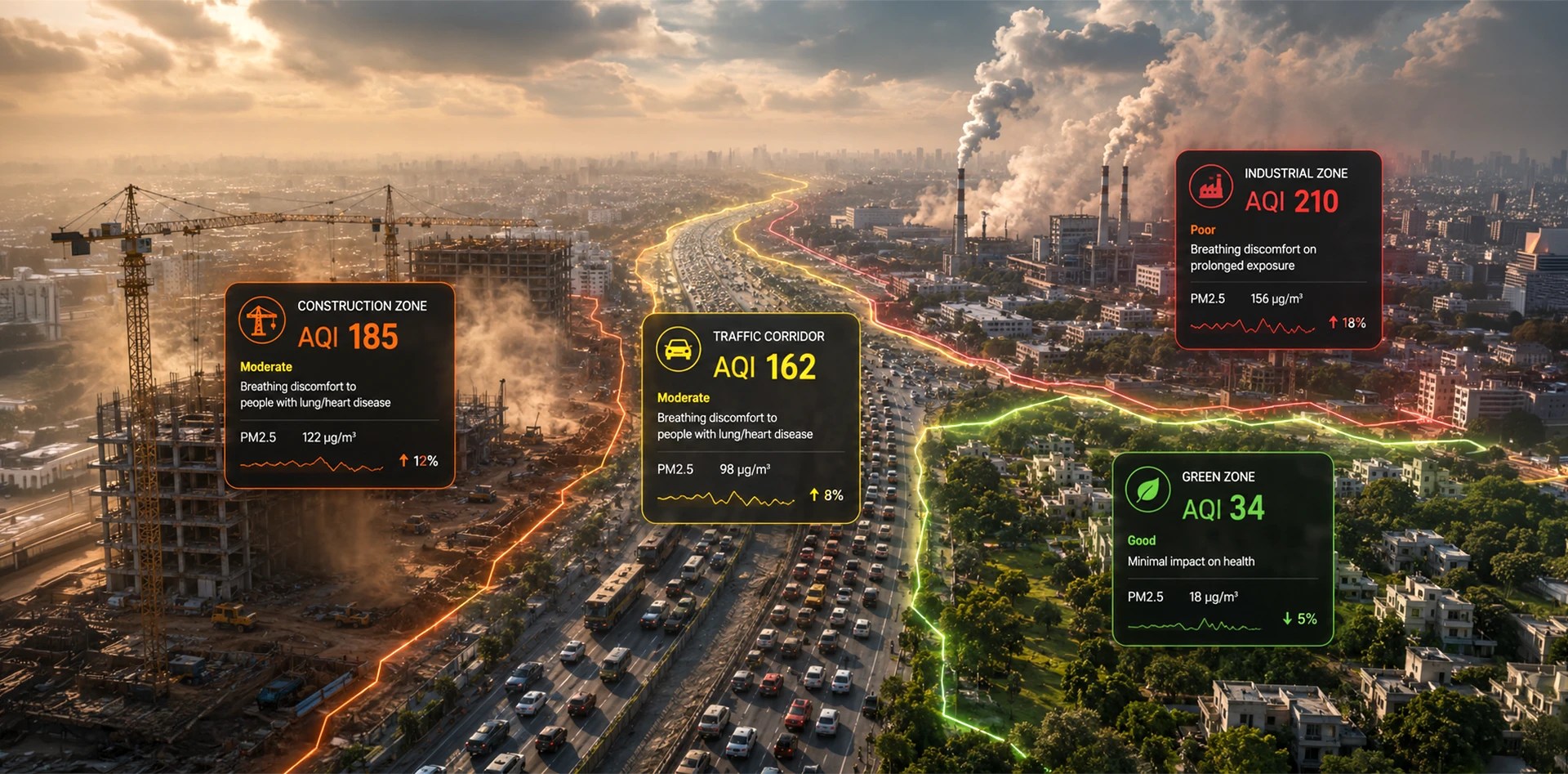 Hyperlocal outdoor air quality intelligence showing AQI variations across industrial, traffic, construction, and green zones for smarter indoor air quality management and HVAC optimization.