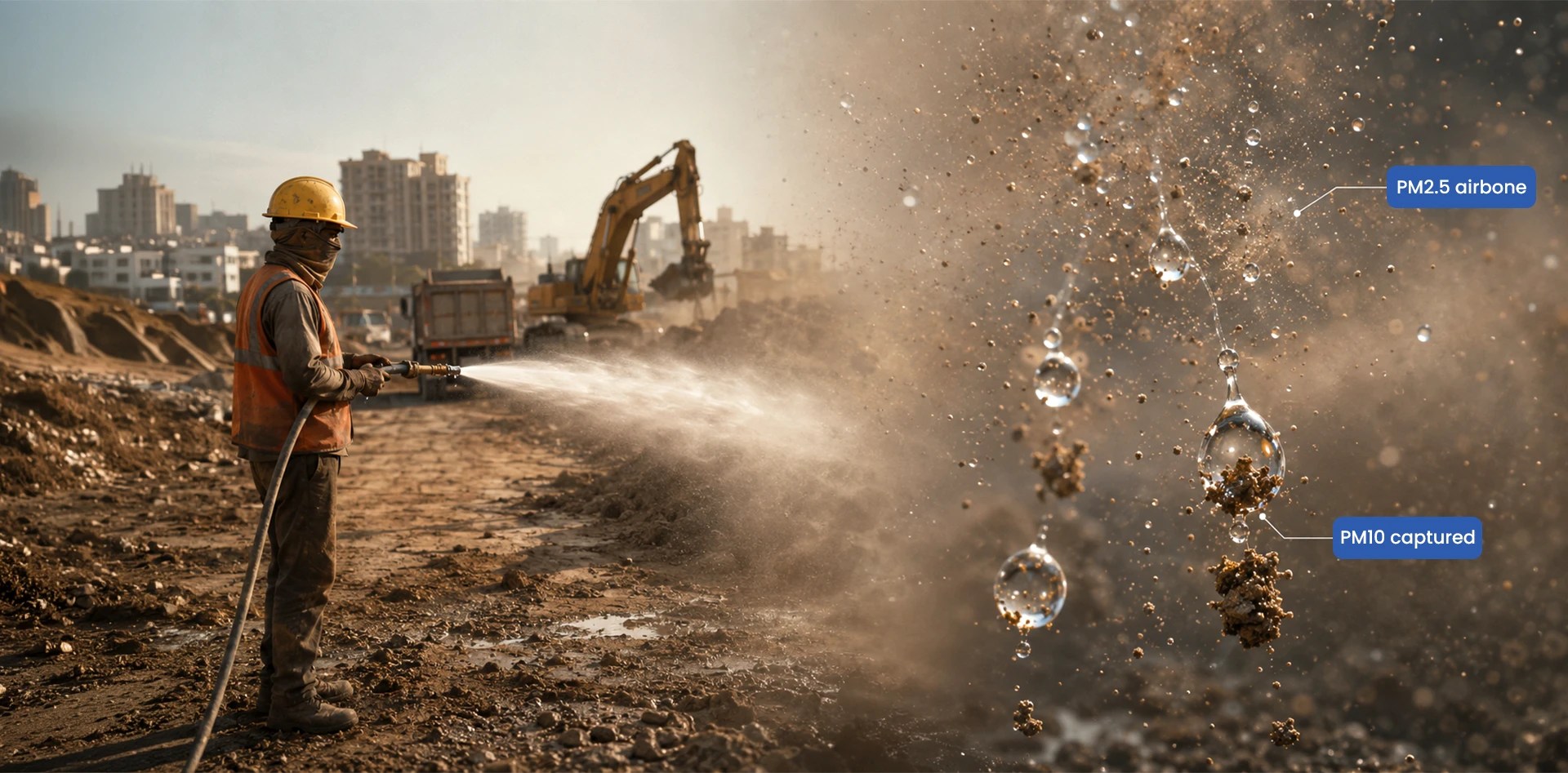 Construction dust control strategies showing water sprinkling capturing PM10 while PM2.5 remains airborne at a construction site.