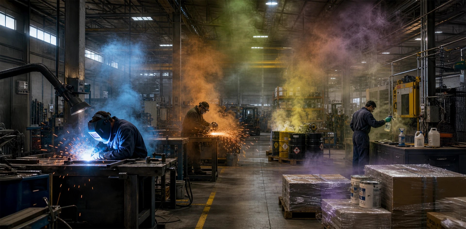 Indoor air quality monitoring in industrial facilities showing welding fumes, grinding dust, and chemical vapors spreading across the factory floor.
