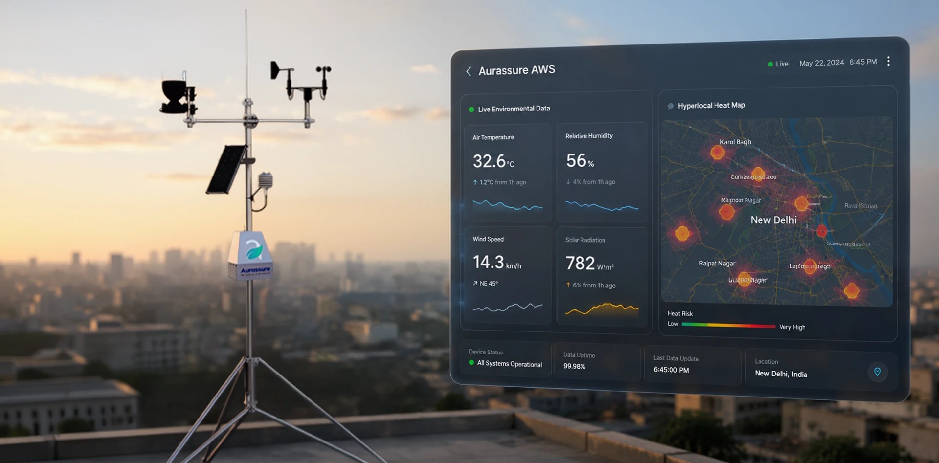 Aurassure AWS hyperlocal weather monitoring system installed on a rooftop with a live environmental dashboard displaying real-time heat map data, temperature, humidity, wind speed, and urban heat hotspots for Heat Action Plans.