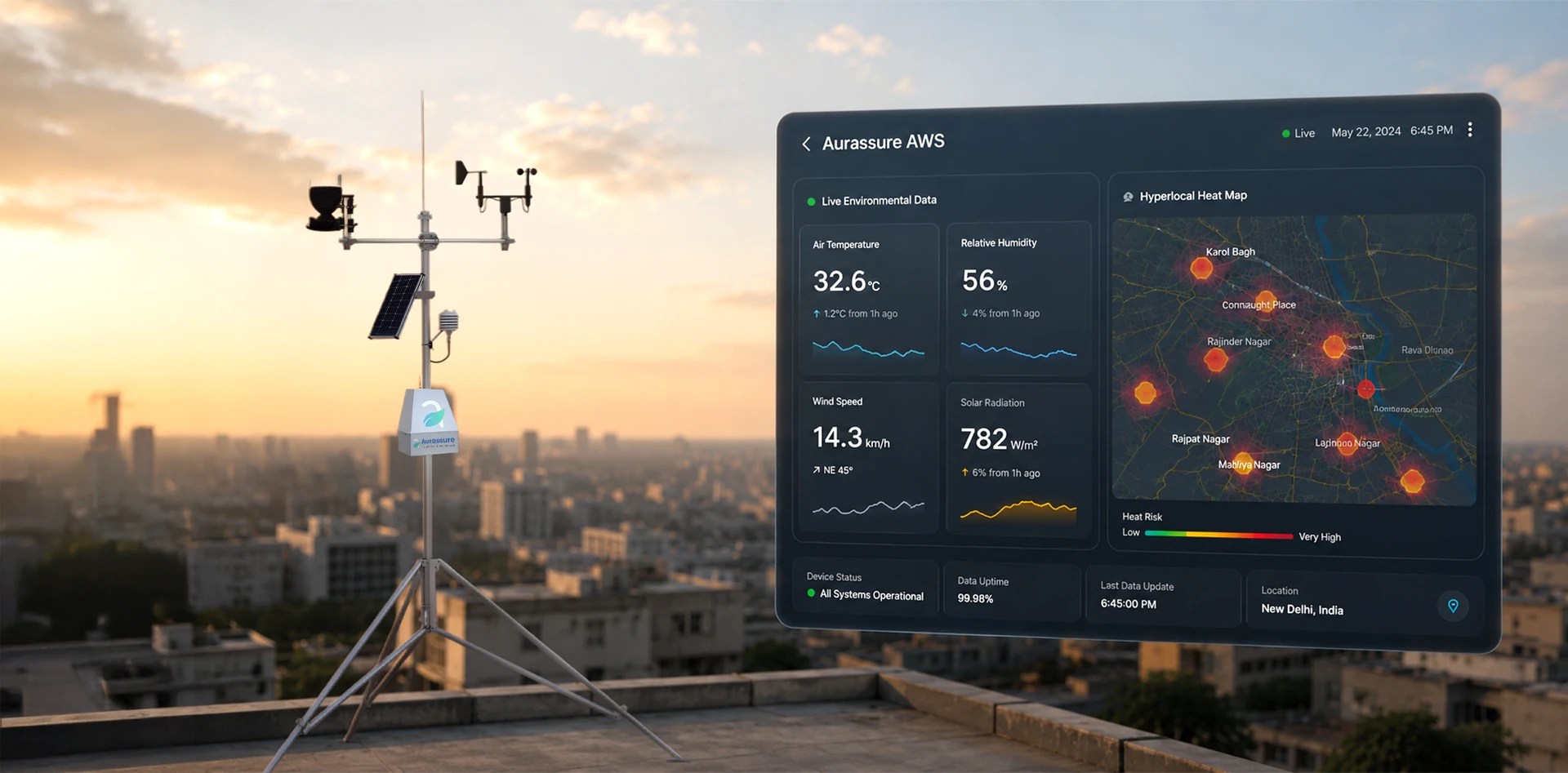 Aurassure AWS hyperlocal weather monitoring system installed on a rooftop with a live environmental dashboard displaying real-time heat map data, temperature, humidity, wind speed, and urban heat hotspots for Heat Action Plans.