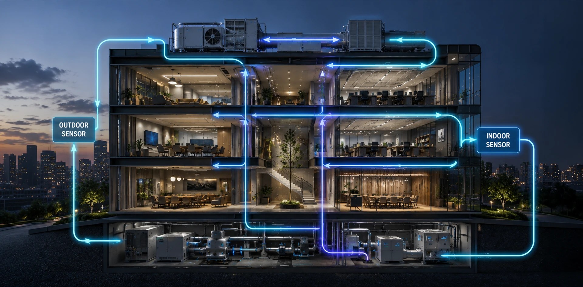 Indoor air quality management system integrating indoor and outdoor sensors with HVAC airflow intelligence in a smart commercial building.