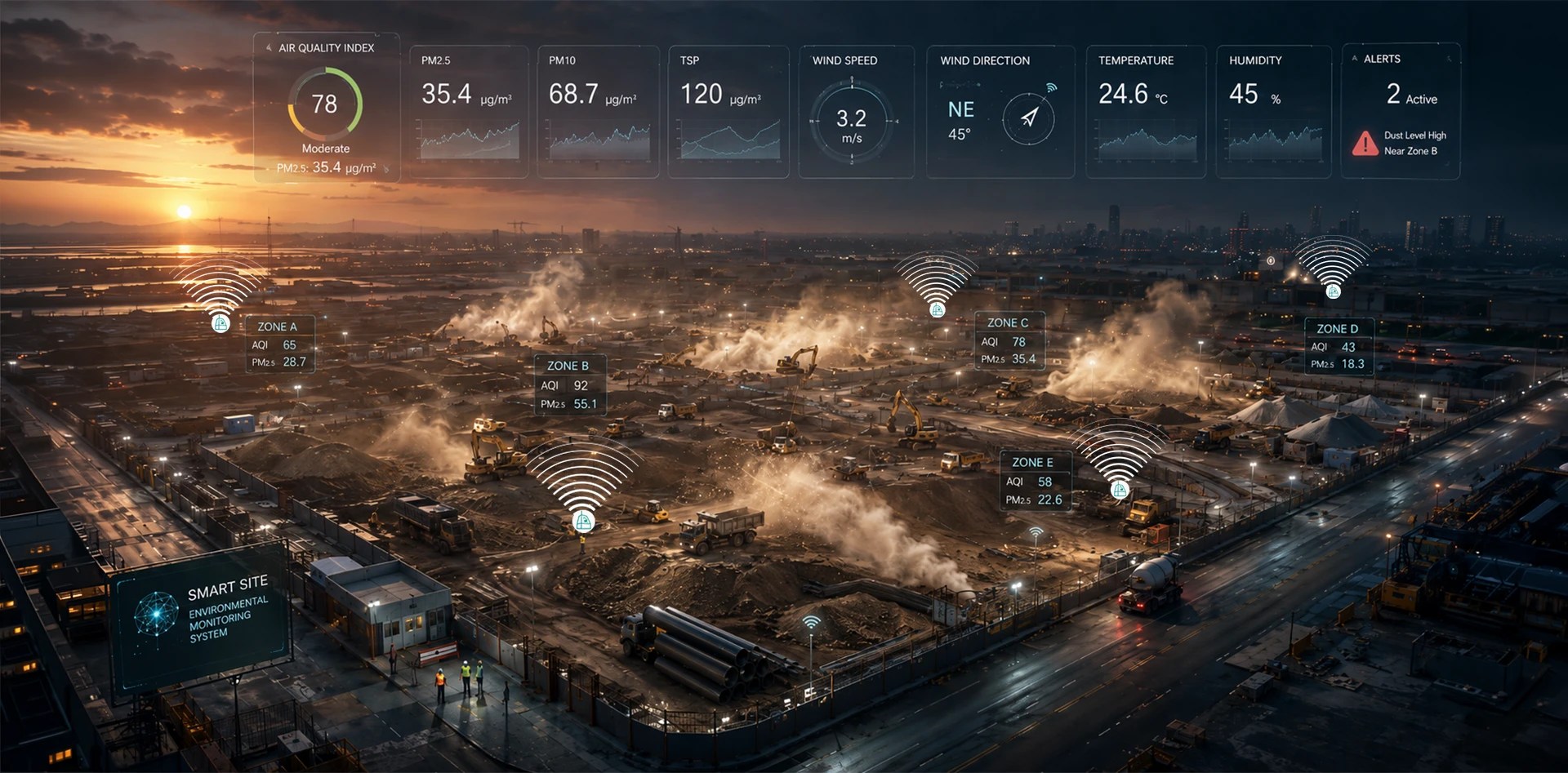 Construction dust control strategies using real-time air quality sensors, AQI dashboards, wind data, and zone-based monitoring at a smart construction site.