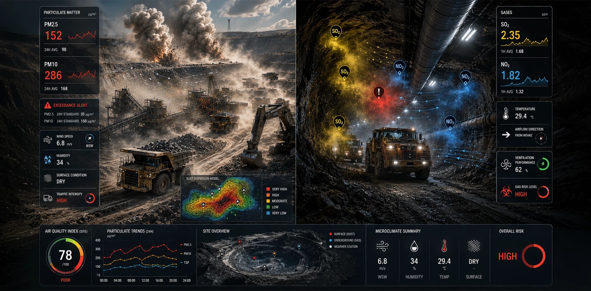 Air and weather monitoring in mines displaying real-time PM2.5, PM10, SO₂, NO₂, ventilation performance, and dust dispersion analytics in surface and underground mining operations.